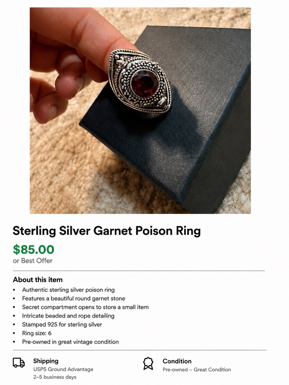 Sterling Silver Garnet Poison Ring - Size 6 Garnet Statement Ring